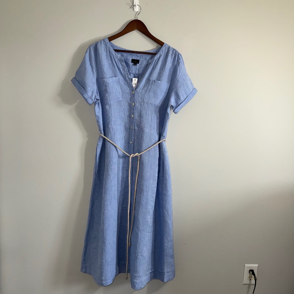 Talbots 100% Linen Shirt Dress Blue Belted NWT Size 12 Summer Coastal Classic